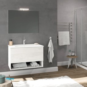 Mobile Bagno Sospeso "Oslo" Da 80 Cm Composto Da Un Cassetto Ed Un Vano a Giorno Lavabo E Specchio Con Lampada Led Finitura Rovere Bianco