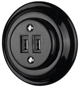 Bohemia-Design - Porcellana retrò, presa di alimentazione USB senza cornice, 2x USB-A, nera