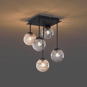 Lampada da soffitto moderna nera con vetro ambra e fumé 5 luci - Atene