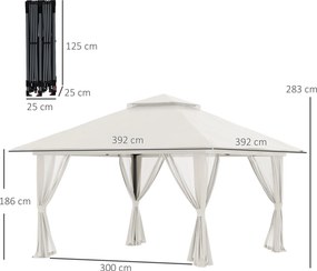 Gazebo Pieghevole 4x4 m ad Altezza Regolabile con Zanzariera e Borsa in Metallo e Tessuto Oxford Crema...