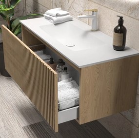 Mobile bagno sospeso 100cm rovere effetto cannettato con lavabo incasso KDS-100L - KAMALU