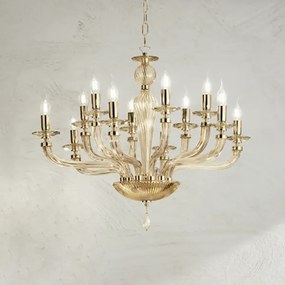 Lampadario a sospensione D82 cm VILLA a 8 luci in vetro lavorato a mano AMBRA