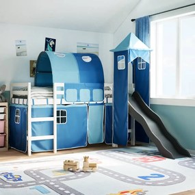 Letto A Soppalco Con Torre Bambini Blu 80x200cm Massello Pino /