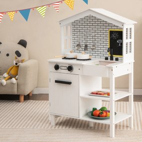 Costway Set da cucina giocattolo in legno con lavagna aggiuntiva ripiani ganci di stoccaggio, Cucina gioco bambini Bianco