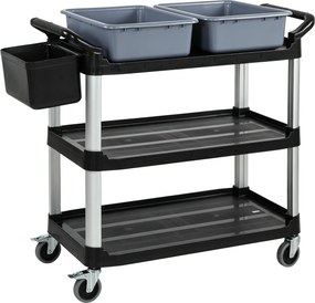 Carrello Pulizie Professionale 115x50x100 cm a 3 Ripiani con 2 Contenitori Rimovibili Bidone Laterale e 4 Ruote in PP Nero...