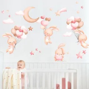 Carta adesiva per parete - Coniglietti con palloncini rosa | Inspio