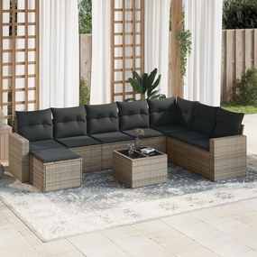 Set divano da giardino 9 pz con cuscini grigio in polyrattan