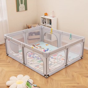 Costway Box per bambini con materassino 4 anelli e 50 palline colorate, Recinto per bambini grande 189x158cm 2 Colori
