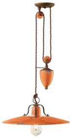 Lampadario Vintage Country Saliscendi Ferro E Ceramica Arancio 1 Luce E27