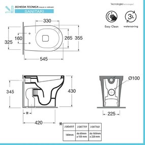 Wc filo muro scarico traslato rimless Azzurra serie Pratica