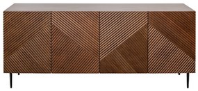 Credenza design in legno scuro massello di rovere chiaro con incisioni e metallo nero 4 ante L180 cm ARCHIPEL