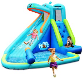 Costway Scivolo d'acqua gonfiabile a forma di ippopotamo con piscina per bambini da gioco esterno 3,5x3x2,25m Blu