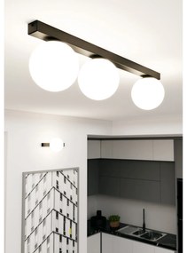 Plafoniera Moderna 3 Luci Giapeto Barra In Acciaio Nero E Sfere Di Vetro Opale