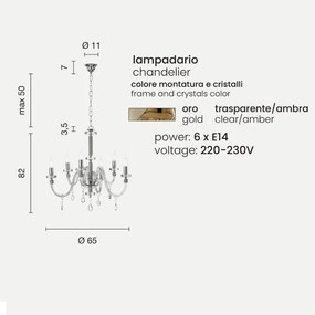 Lampada a sospensione DIDO in vetro trasparente lavorato a mano 6 LUCI AMBRA