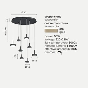 Lampada a sospensione NINA 8 Luci in metallo Oro e vetri Colorati