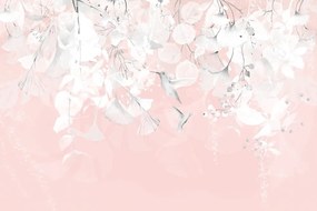 Carta da parati – Foglie con Colibrì in Rosa-Grigio