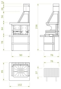 Palazzetti Levanzo barbecue angolare destro grezzo con cassetto cenere e braciere portalegna e piano in Marmotech grigio