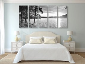 Quadri 5 pezzi – Tramonto sul lago in bianco e nero