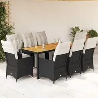 Set da Pranzo da Giardino 9 pz con Cuscini Nero in Polyrattan 3276860