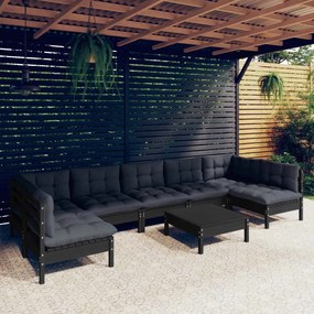 Set divani da giardino 8 pz con cuscini neri in legno di pino