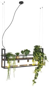 Lampada a sospensione industriale nera con ripiano in legno 4 luci - Cage Rack