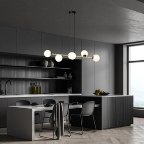 Sospensione Contemporanea Rhiannon 6 Luci In Acciaio Oro E Sfere In Vetro Bianco