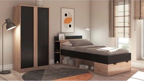 Letto singolo effetto rovere con contenitore senza griglia in colore nero-naturale 90x200 cm Albo - Marckeric