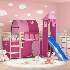 Letto A Soppalco Con Torre Bambini Rosa 80x200cm Massello Pino /