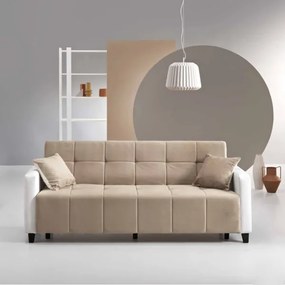 Divano letto 213 cm seduta tessuto Nocciola struttura ecopelle Bianco PARADISE