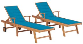 Lettini prendisole 2 pz con cuscino blu legno massello di teak