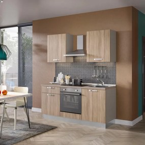 Cucina montata Dora rovere chiaro, lavello reversibile, L 180 cm, completa di: cappa a camino, piano cottura a induzione, forno,