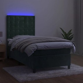 Letto a molle con materasso e led verde scuro 80x200cm velluto