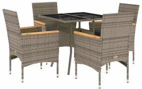 Set da pranzo da giardino 5 pz con cuscini polyrattan e vetro