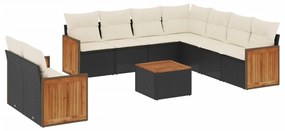 Set divani da giardino 10pz con cuscini in polyrattan nero