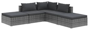 Set divani da giardino 5 pz con cuscini in polyrattan grigio