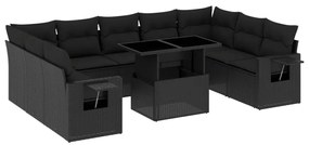 Set divani da giardino 10pz con cuscini in polyrattan nero