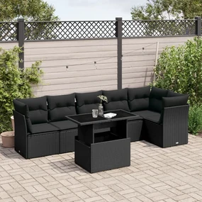 Set divani da giardino con cuscini 7pz nero polyrattan