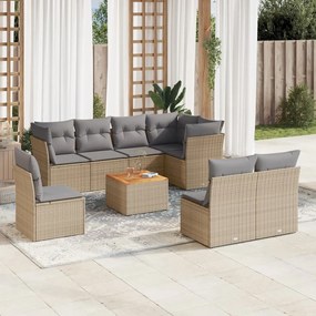 Set Divano da Giardino 9 pz con Cuscini Beige in Polyrattan