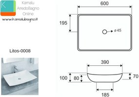 Lavabo appoggio rettangolare 60cm Ceramica Litos-0008 - KAMALU