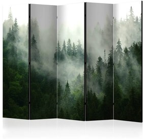 Paravento Bosco di conifere II - paesaggio di bosco di conifere con nebbia