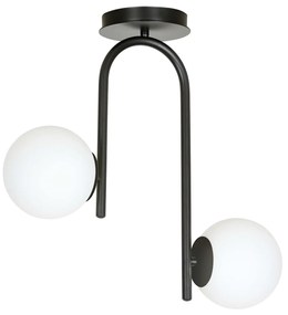 Lampadario 2 Luci Rama In Acciaio Nero A Bracci E Sfere In Vetro Opalino