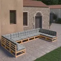 Set Divani da Giardino 10 pz con Cuscini Legno Massello di Pino 3077204