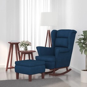 Poltrona A Dondolo Con Gambe İn Legno E Poggiapiedi Blu Velluto /