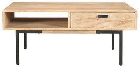 Tavolino da salotto rettangolare con ripiani 2 cassetti in legno chiaro massello di mango e metallo nero L100 cm JUDE