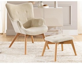 Poltrona con poggiapiedi beige con rivestimento in velluto a coste Niko – Ropez