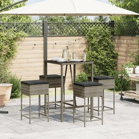 Set bar da giardino 5 pz con cuscini in polyrattan grigio