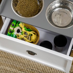 Ciotole per Cani Rialzate 60x30x36 cm con Cassetto in Acciaio Inox e Legno Bianco e Grigio...