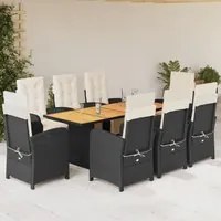 Set da Pranzo da Giardino 9 pz con Cuscini Nero in Polyrattan 3212503