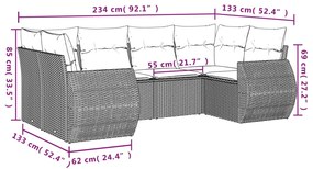 Set Divano da Giardino 6 pz con Cuscini Grigio in Polyrattan