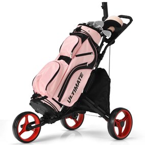 Costway Carrello da golf a spinta con 3 ruote, Carrello pieghevole con borsa rivestita in alluminio cinghia Rosso